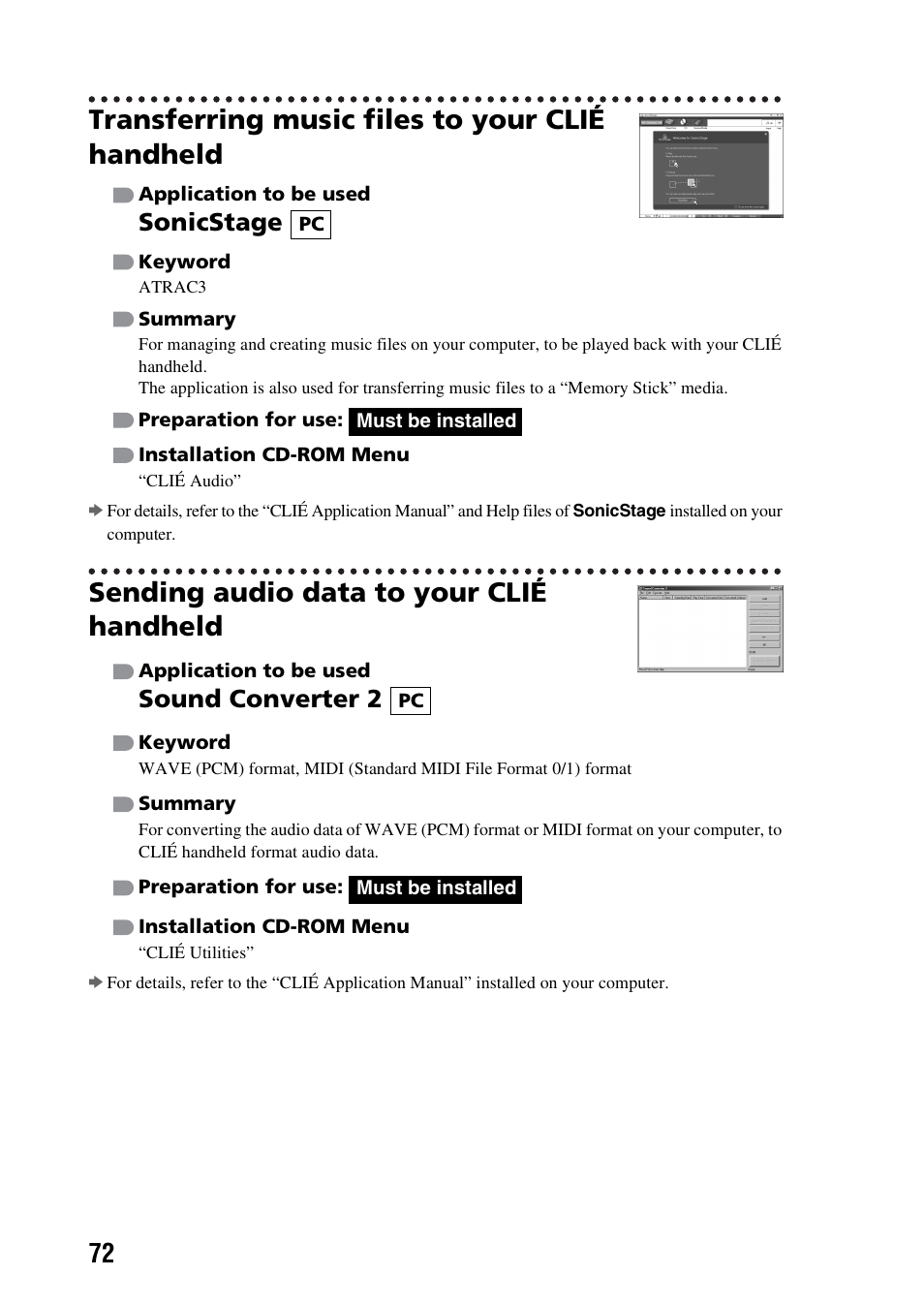 Transferring music files to your clié handheld, Sending audio data to your clié handheld, Sonicstage | Sound converter 2 | Sony PEG-NX73V User Manual | Page 72 / 112