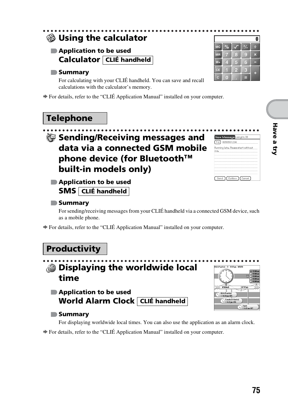 Using the calculator, Displaying the worldwide local time, Telephone productivity | Sony PEG-NX73V User Manual | Page 75 / 112