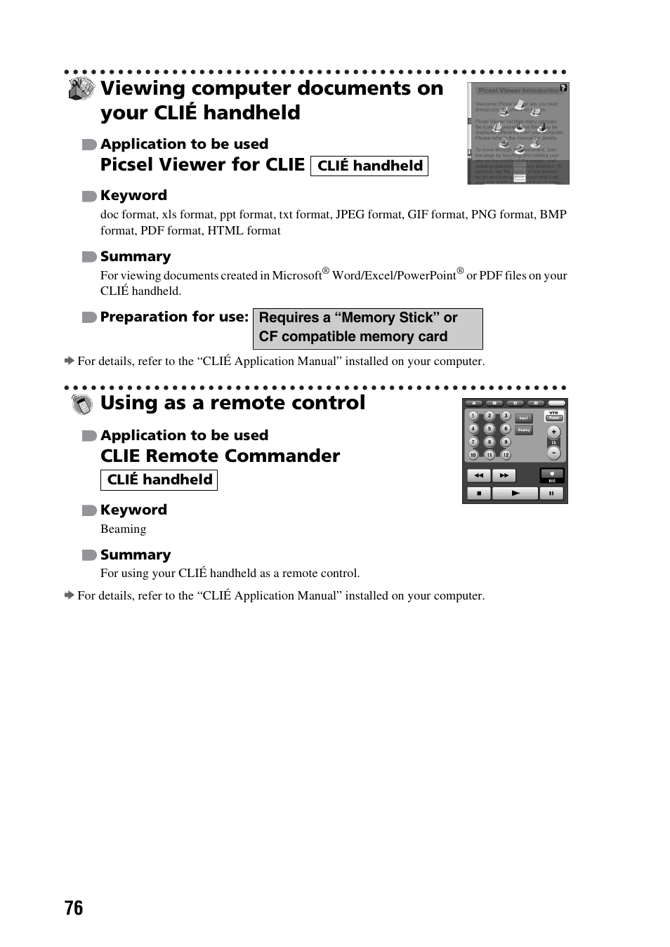 Viewing computer documents on your clié handheld, Using as a remote control, Picsel viewer for clie | Clie remote commander | Sony PEG-NX73V User Manual | Page 76 / 112