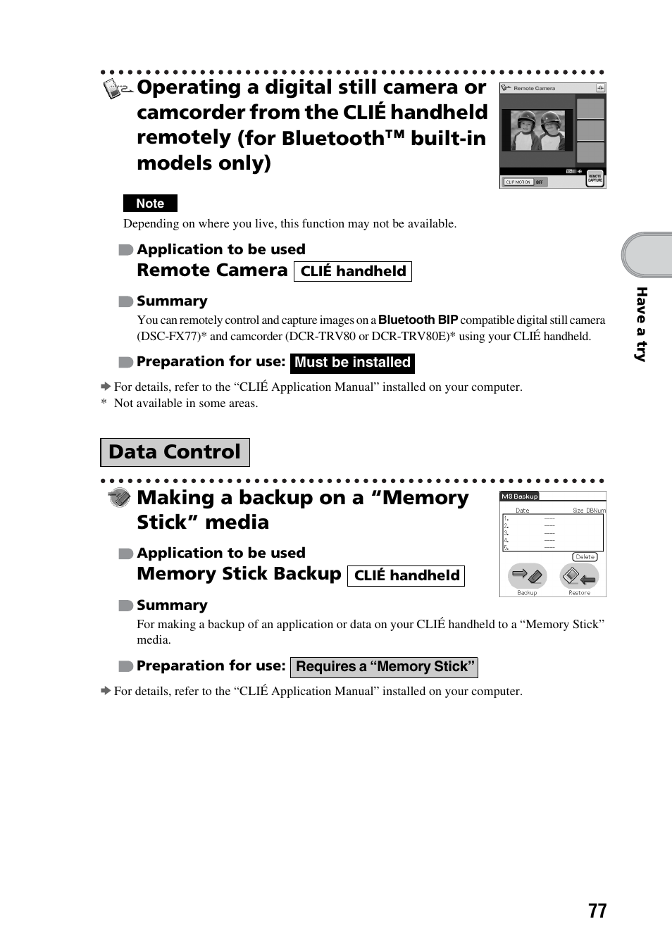 Making a backup on a “memory stick” media, Data control, Remote camera | Sony PEG-NX73V User Manual | Page 77 / 112