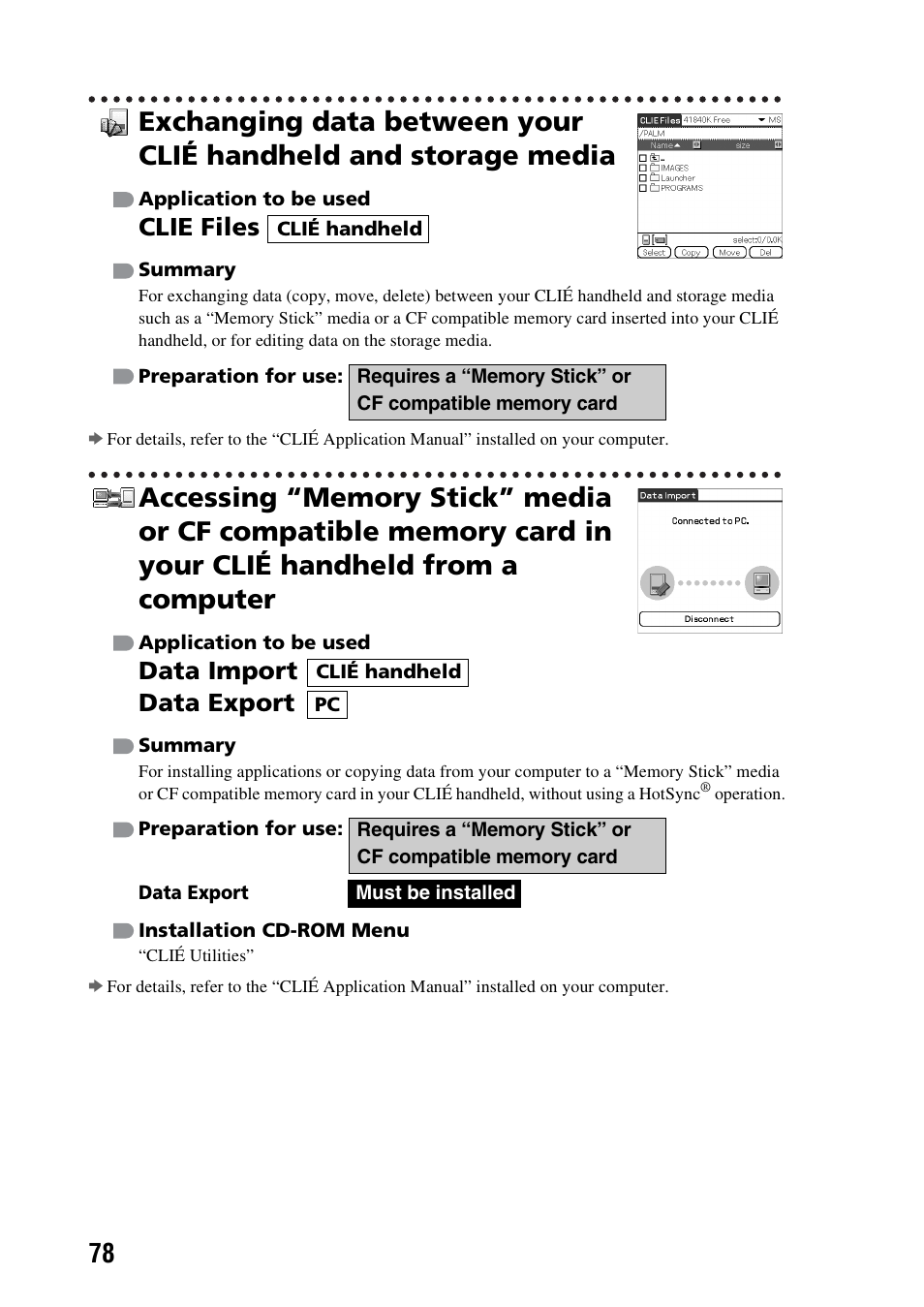 Clie files, Data import data export | Sony PEG-NX73V User Manual | Page 78 / 112