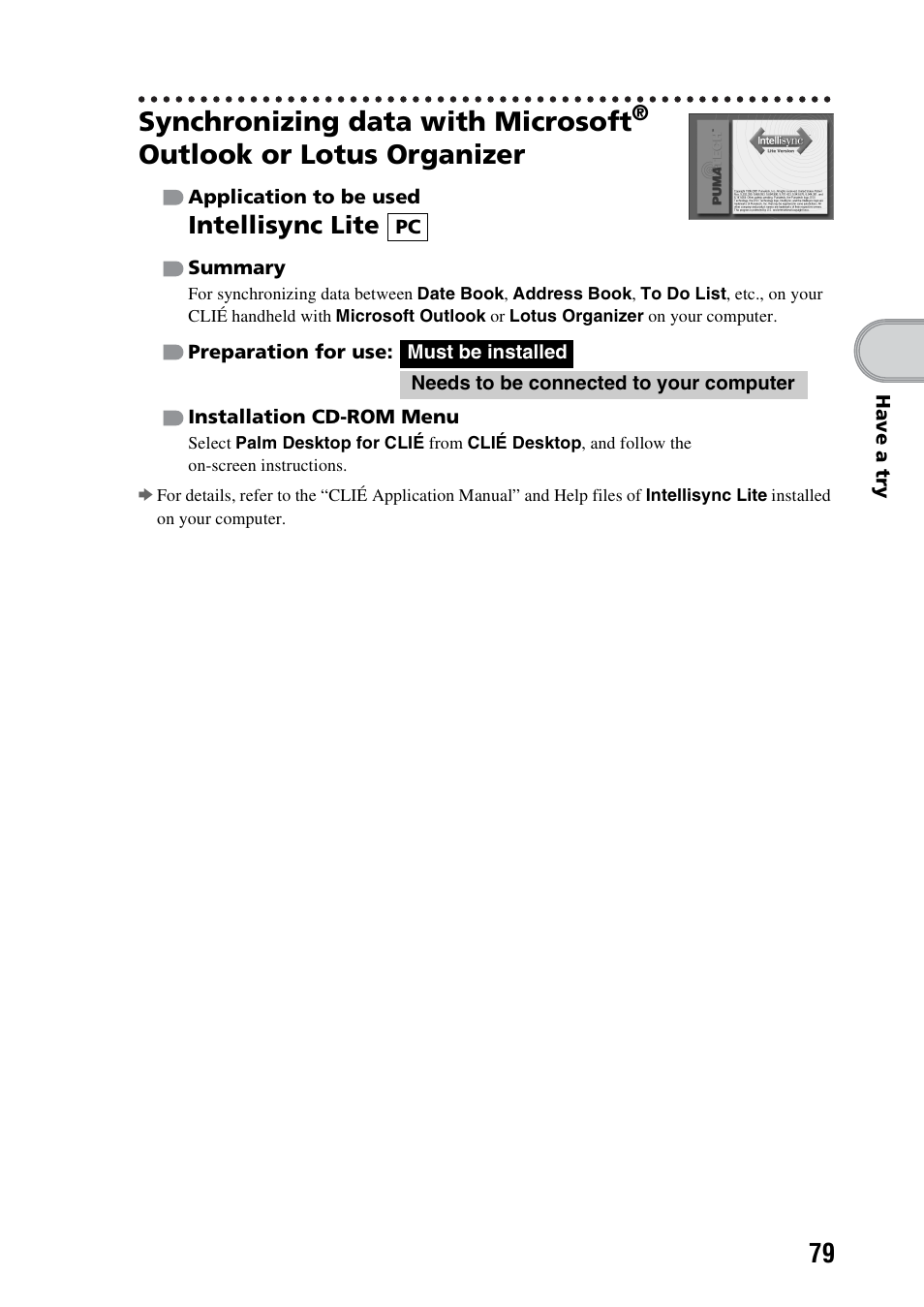 Synchronizing data with microsoft, Outlook or lotus organizer, Intellisync lite | Sony PEG-NX73V User Manual | Page 79 / 112