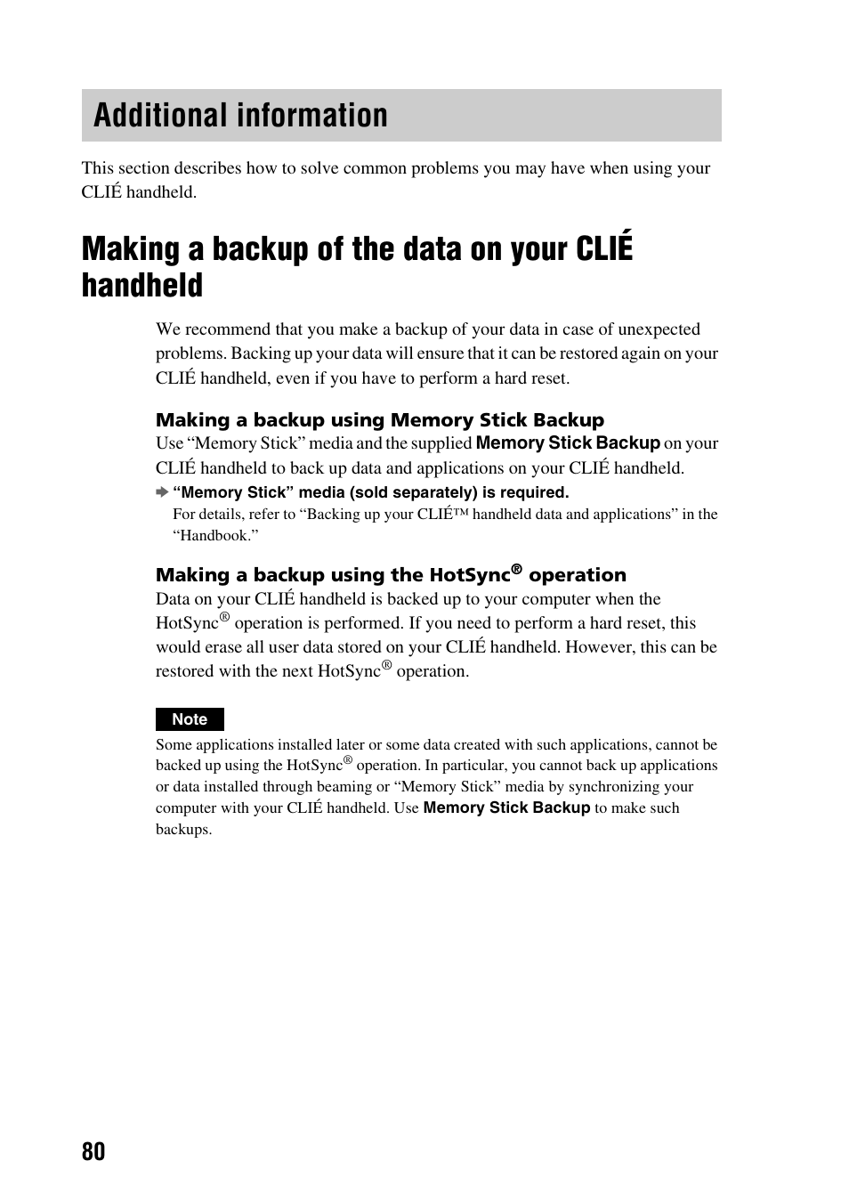 Additional information, Making a backup of the data on your clié handheld, Making a backup of the data on your clié | Handheld | Sony PEG-NX73V User Manual | Page 80 / 112