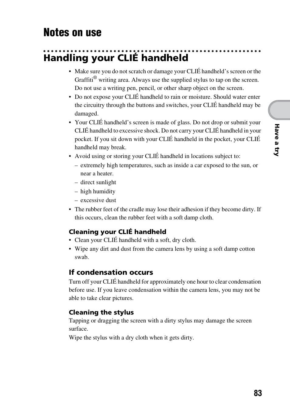 Notes on use, Handling your clié handheld | Sony PEG-NX73V User Manual | Page 83 / 112