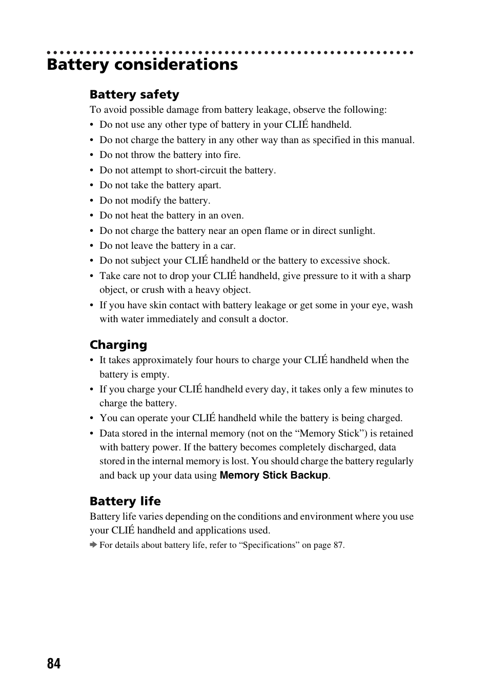 Battery considerations | Sony PEG-NX73V User Manual | Page 84 / 112