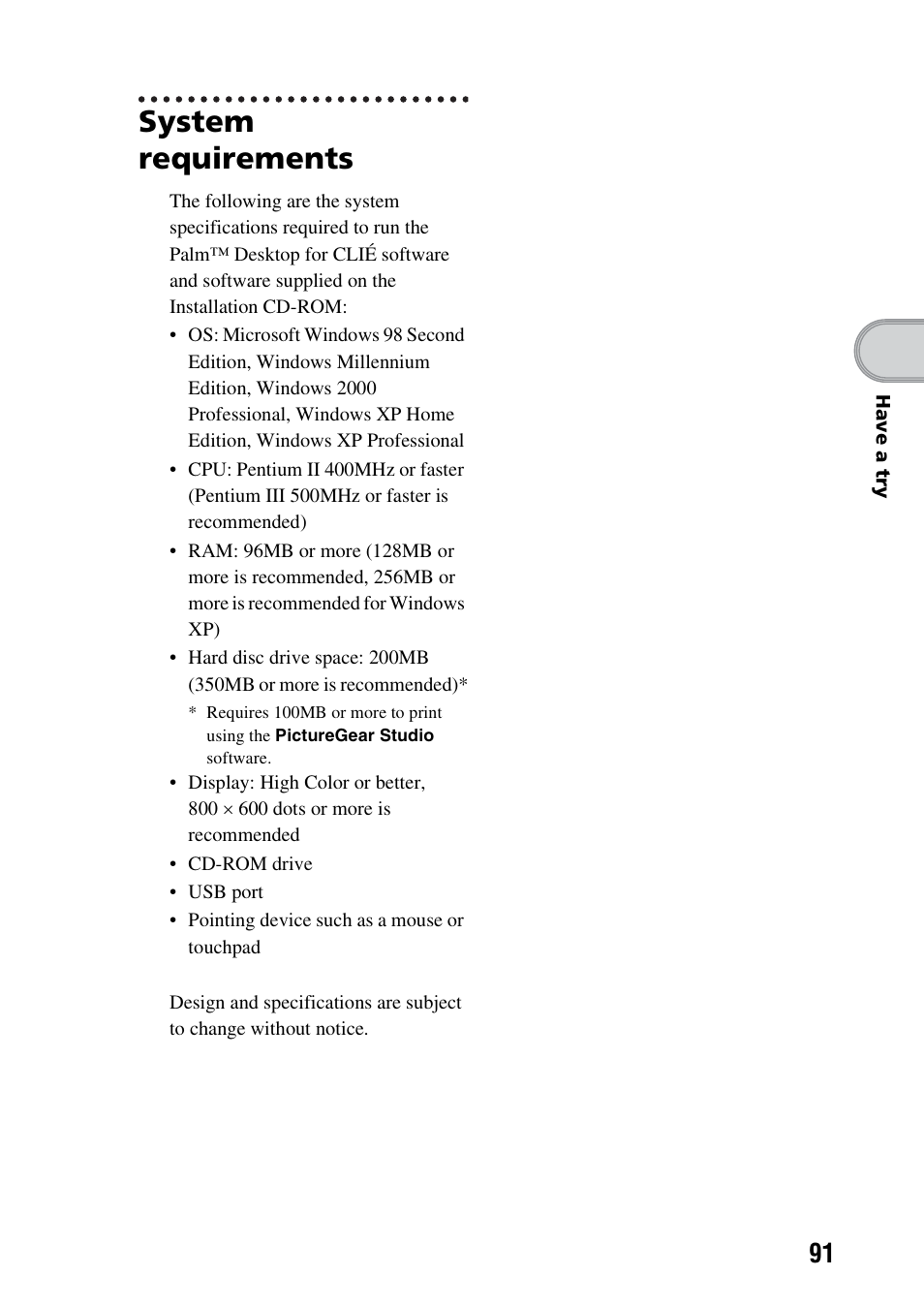 System requirements | Sony PEG-NX73V User Manual | Page 91 / 112