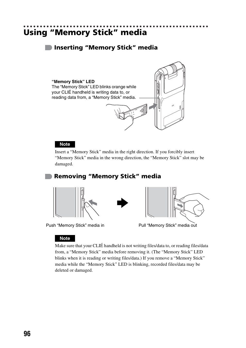 Using “memory stick” media | Sony PEG-NX73V User Manual | Page 96 / 112