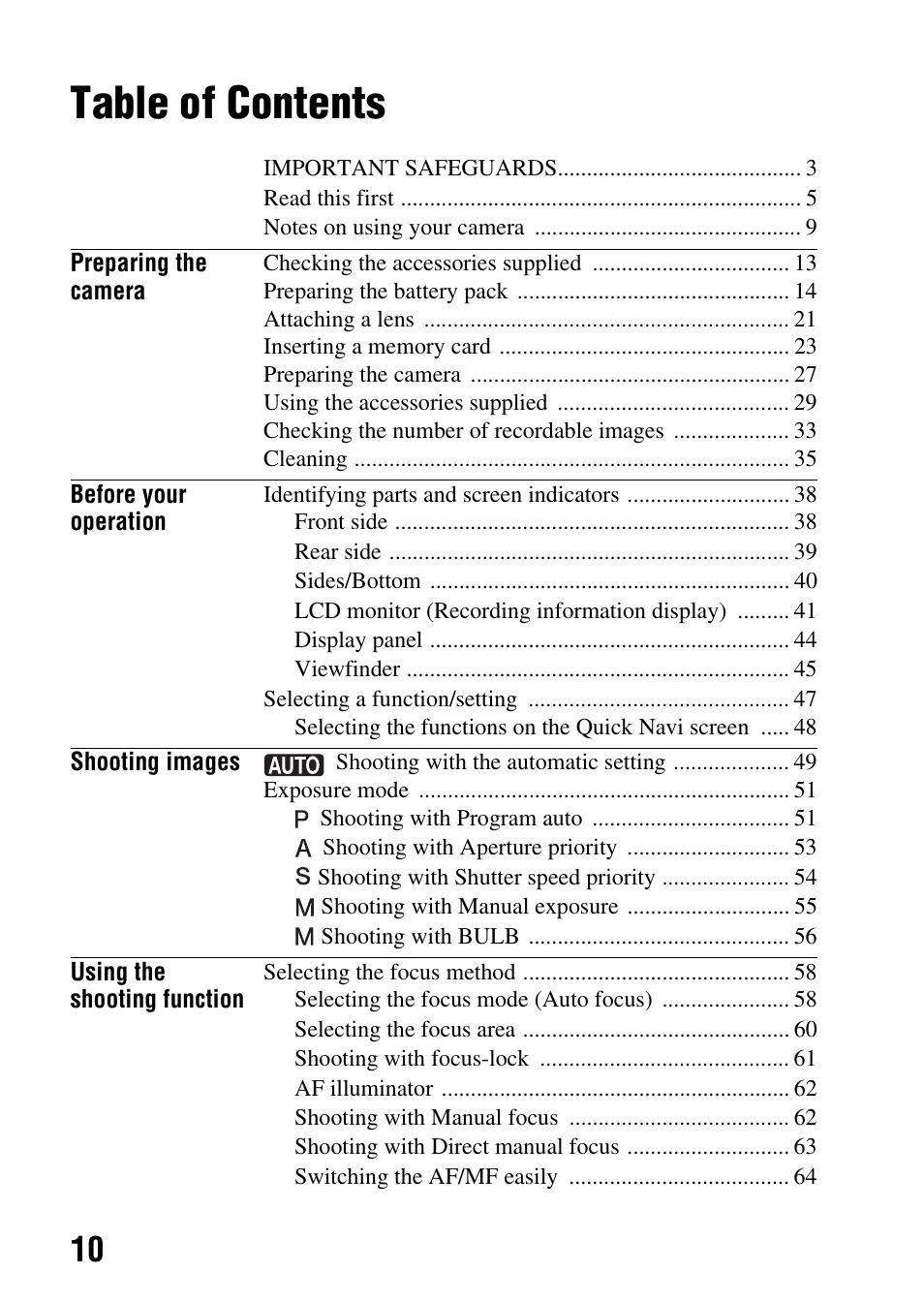 Sony A900 User Manual | Page 10 / 174