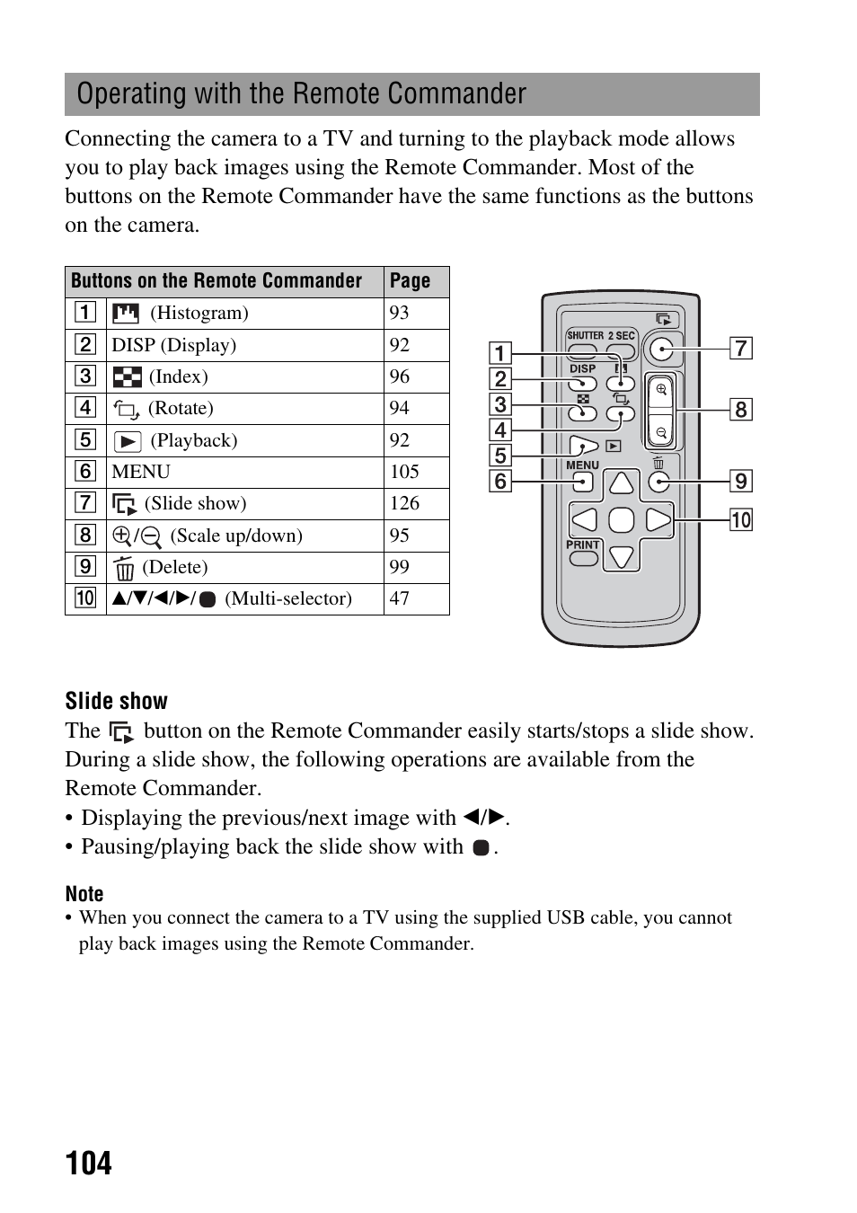 Operating with the remote commander | Sony A900 User Manual | Page 104 / 174