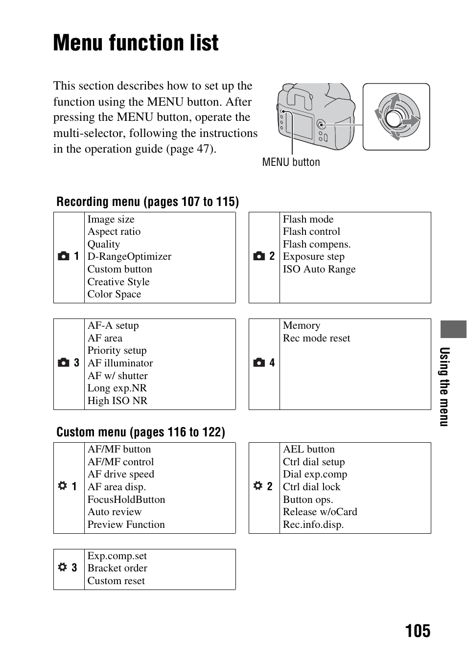 Using the menu, Menu function list, N (105) | Sony A900 User Manual | Page 105 / 174