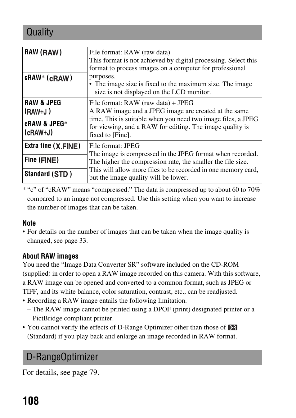 Y (108), Quality, D-rangeoptimizer | Sony A900 User Manual | Page 108 / 174