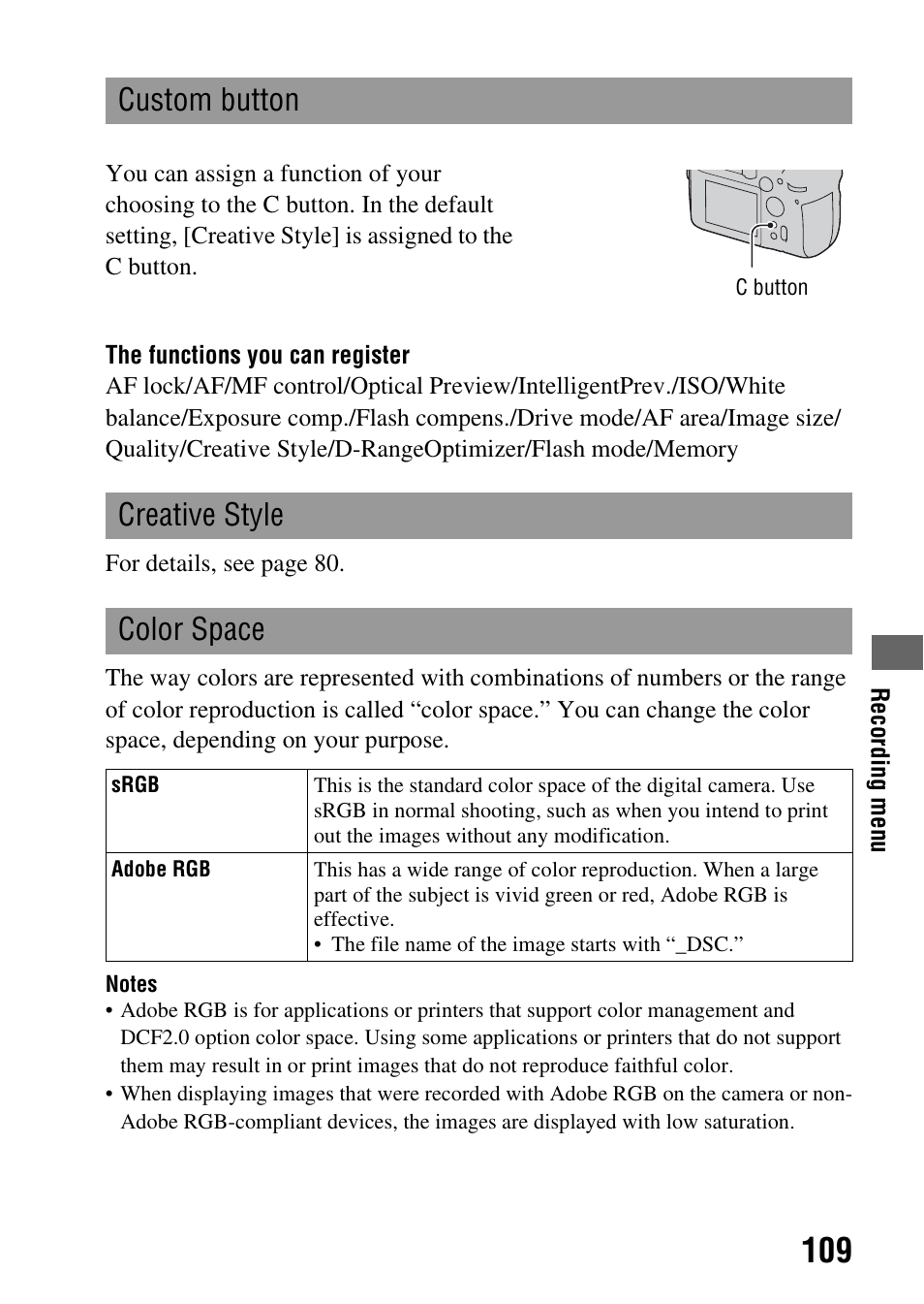 N (109), Custom button, Creative style color space | Sony A900 User Manual | Page 109 / 174