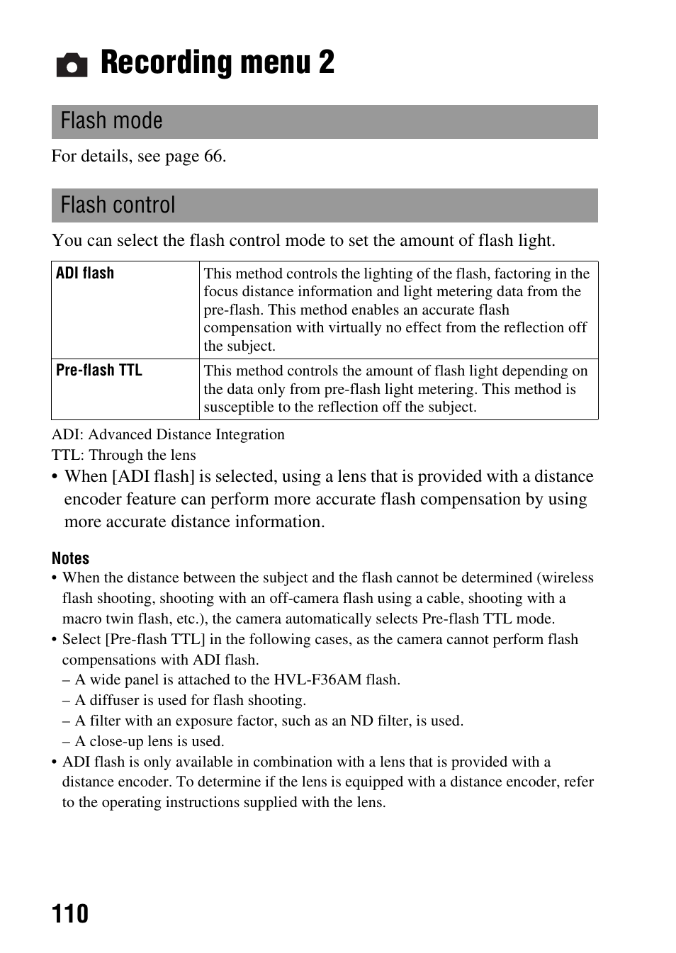 Recording menu 2, Flash mode flash control | Sony A900 User Manual | Page 110 / 174