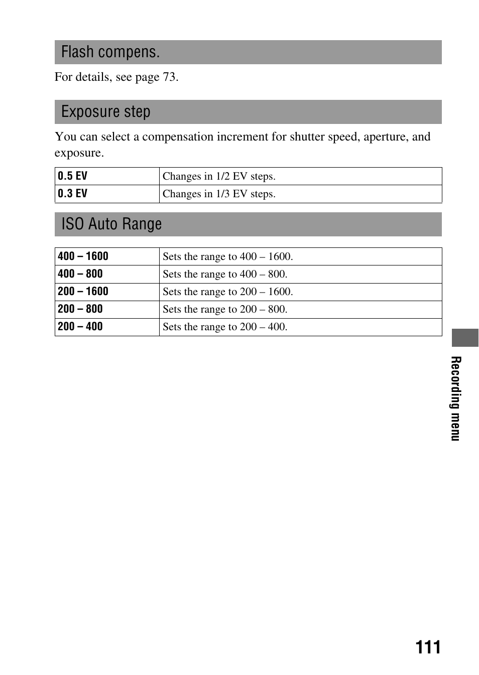 Flash compens. exposure step, Iso auto range | Sony A900 User Manual | Page 111 / 174