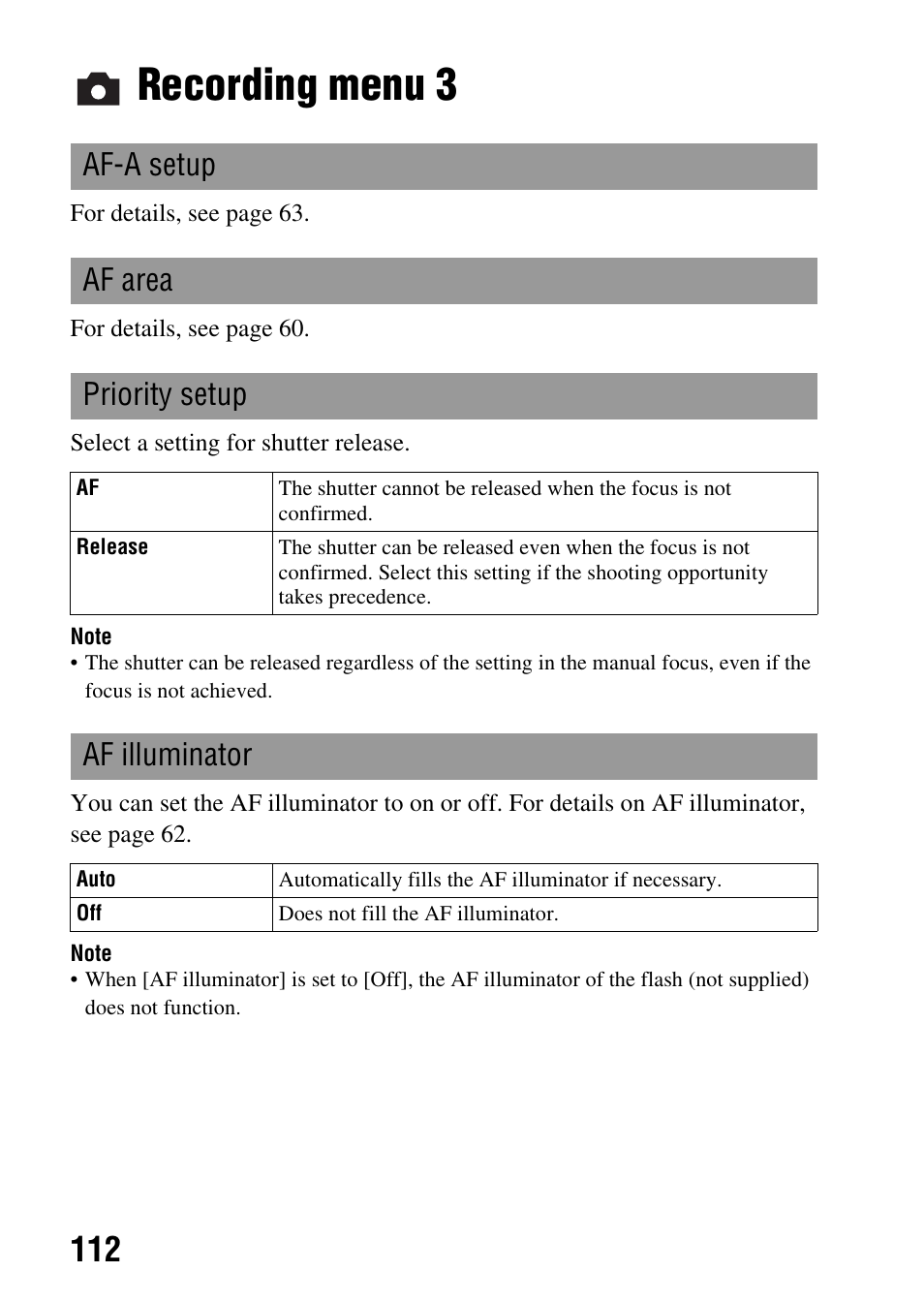 Recording menu 3, Af-a setup af area priority setup, Af illuminator | Sony A900 User Manual | Page 112 / 174