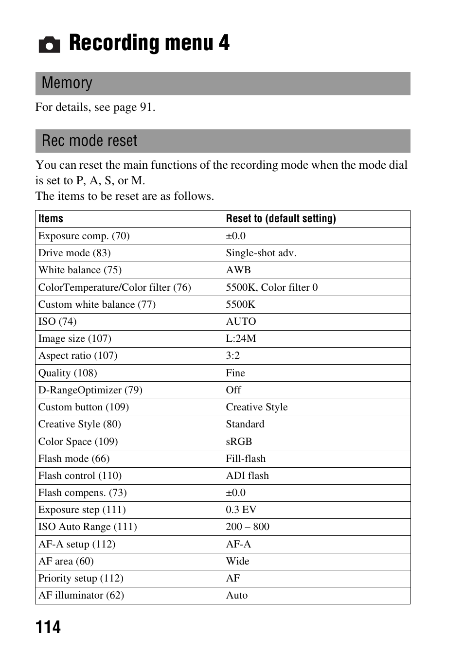 Recording menu 4 | Sony A900 User Manual | Page 114 / 174