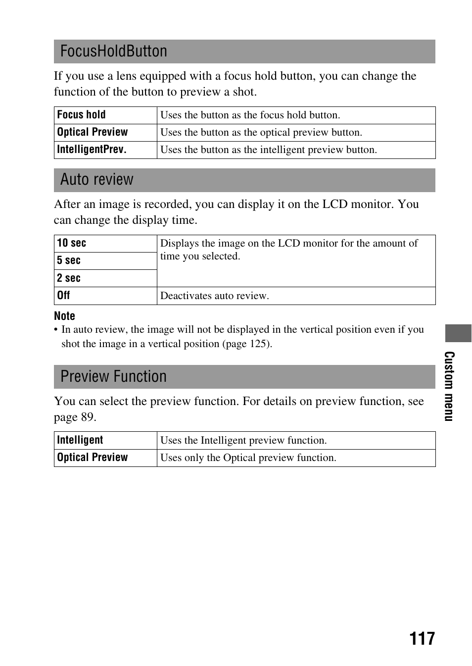 Focusholdbutton, Auto review, Preview function | Sony A900 User Manual | Page 117 / 174