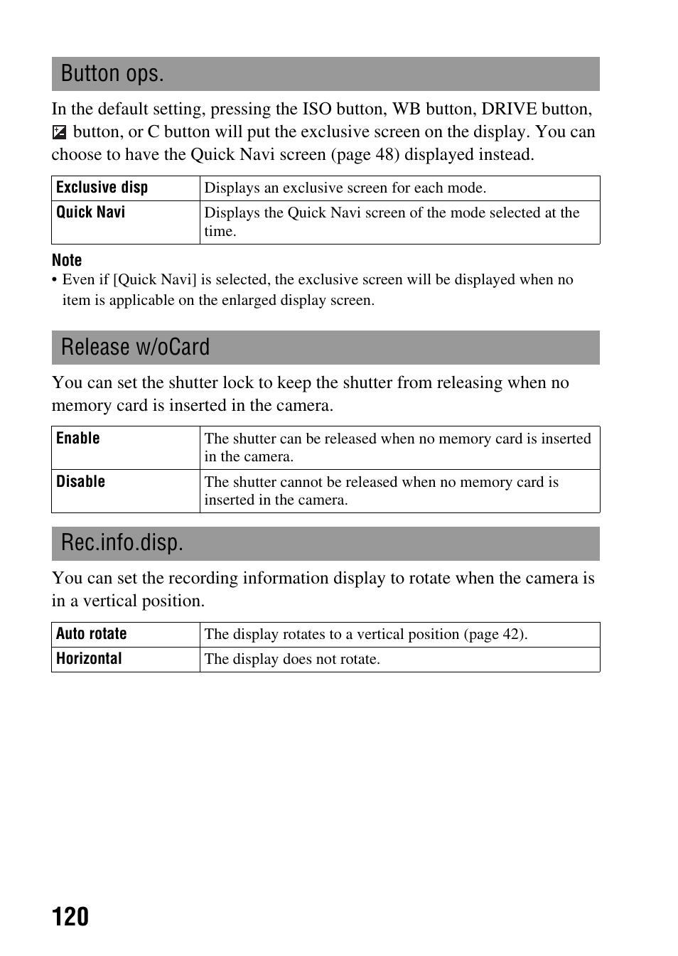 Button ops, Release w/ocard, Rec.info.disp | Sony A900 User Manual | Page 120 / 174