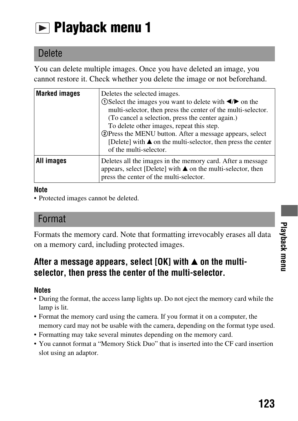 Playback menu 1, Playback menu, Delete | Format | Sony A900 User Manual | Page 123 / 174