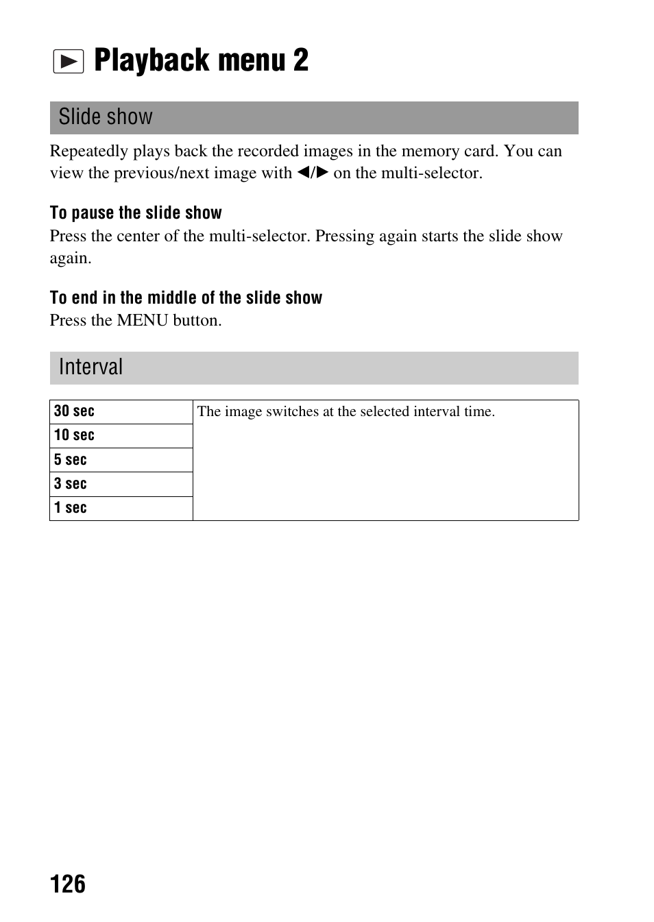 Playback menu 2, Tton (126), Slide show interval | Sony A900 User Manual | Page 126 / 174