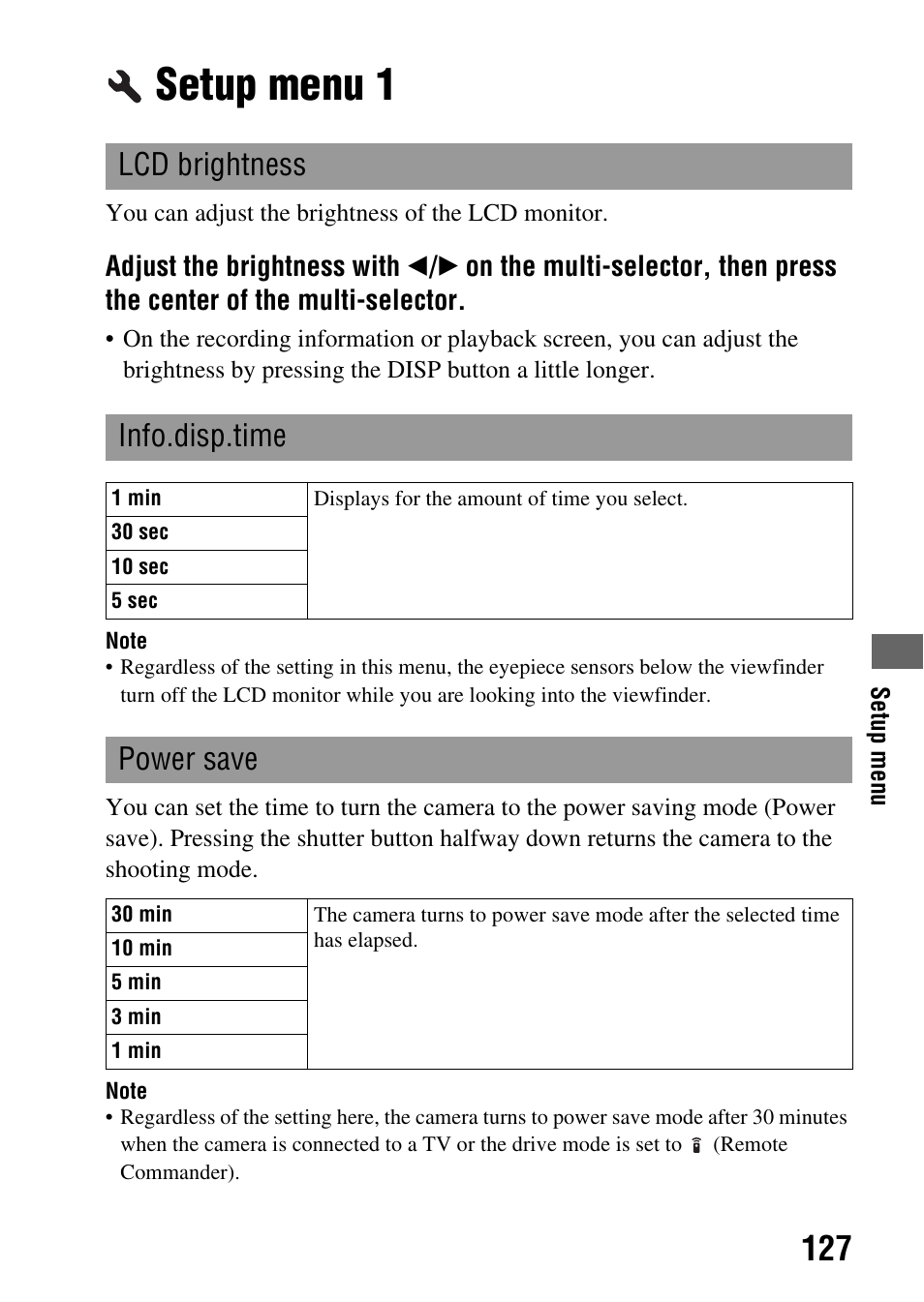 Setup menu 1, Eyepiece sensors (127), Setup menu | Lcd brightness info.disp.time, Power save | Sony A900 User Manual | Page 127 / 174