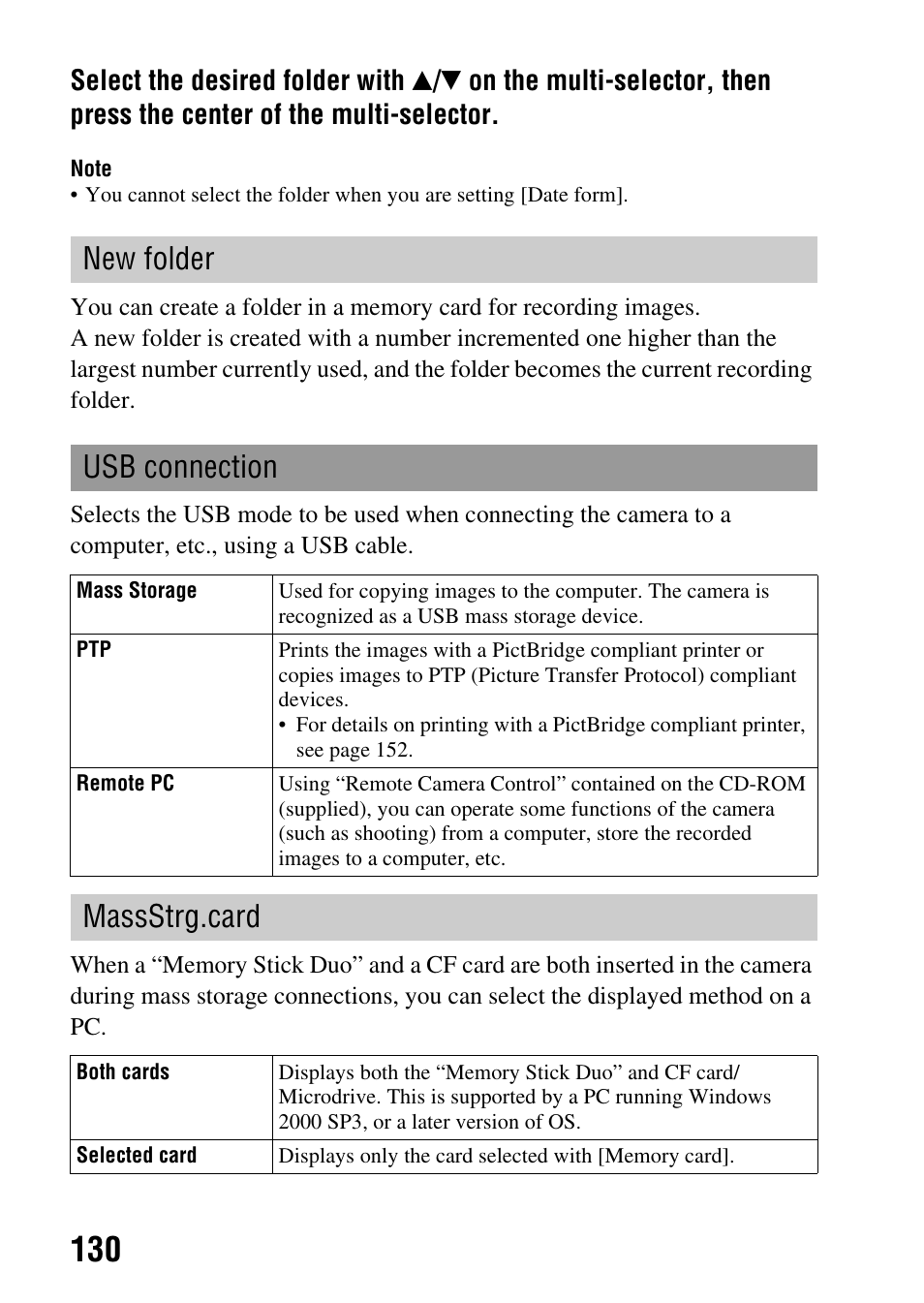New folder usb connection, Massstrg.card | Sony A900 User Manual | Page 130 / 174