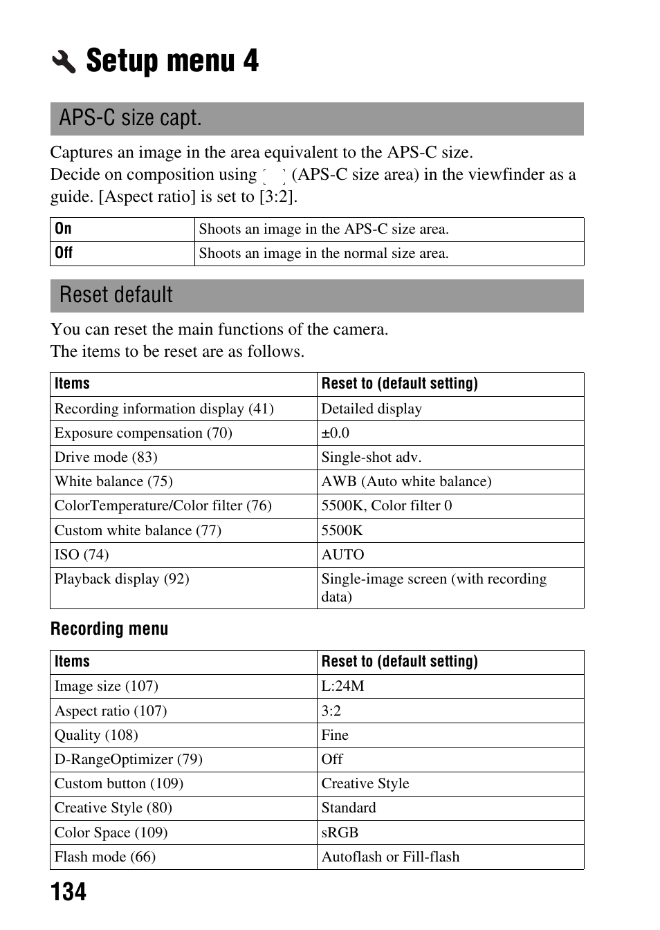 Setup menu 4, Ze (134)/as, Ze area (134) | Aps-c size capt, Reset default | Sony A900 User Manual | Page 134 / 174