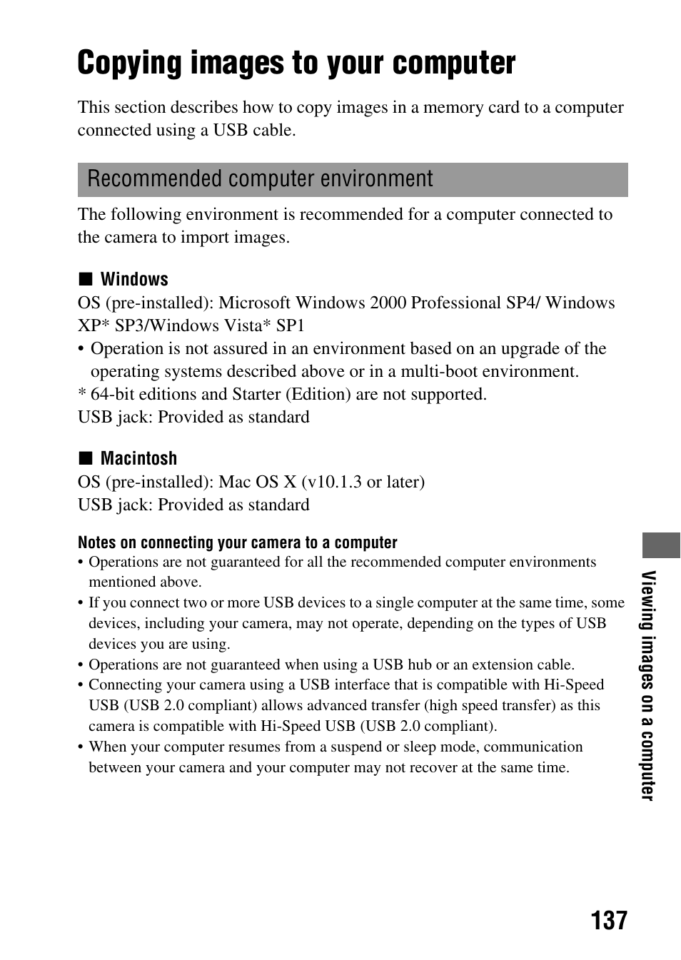 Viewing images on a computer, Copying images to your computer, Recommended computer environment | Sony A900 User Manual | Page 137 / 174