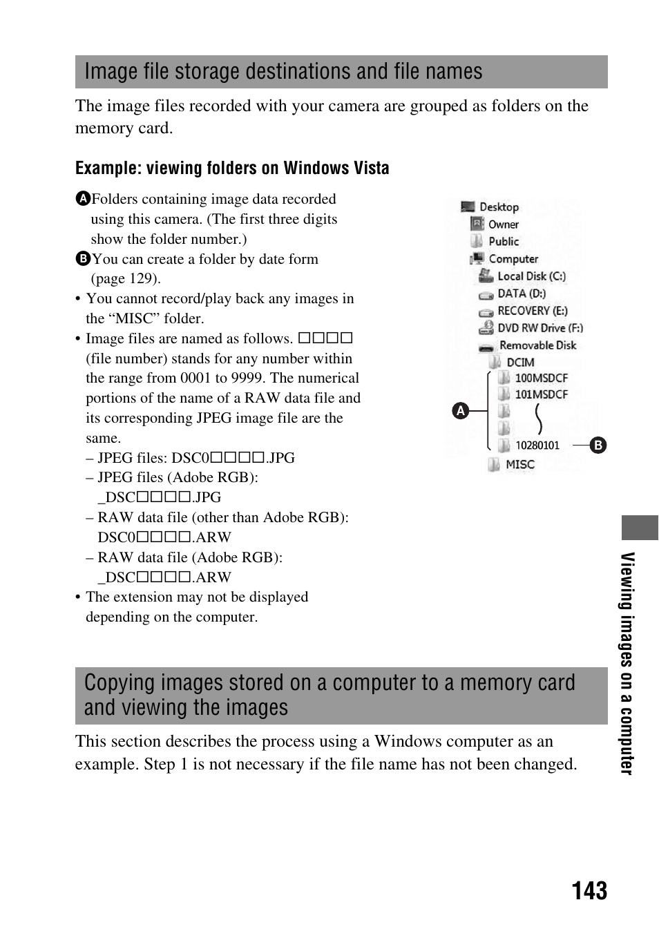 Image file storage destinations and file names | Sony A900 User Manual | Page 143 / 174