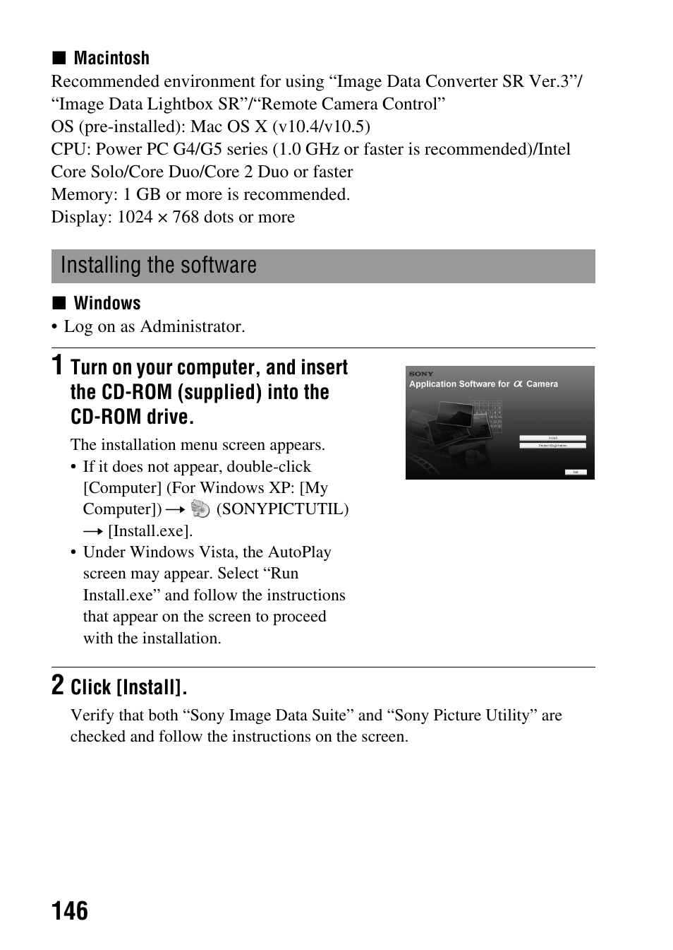 Installing the software | Sony A900 User Manual | Page 146 / 174