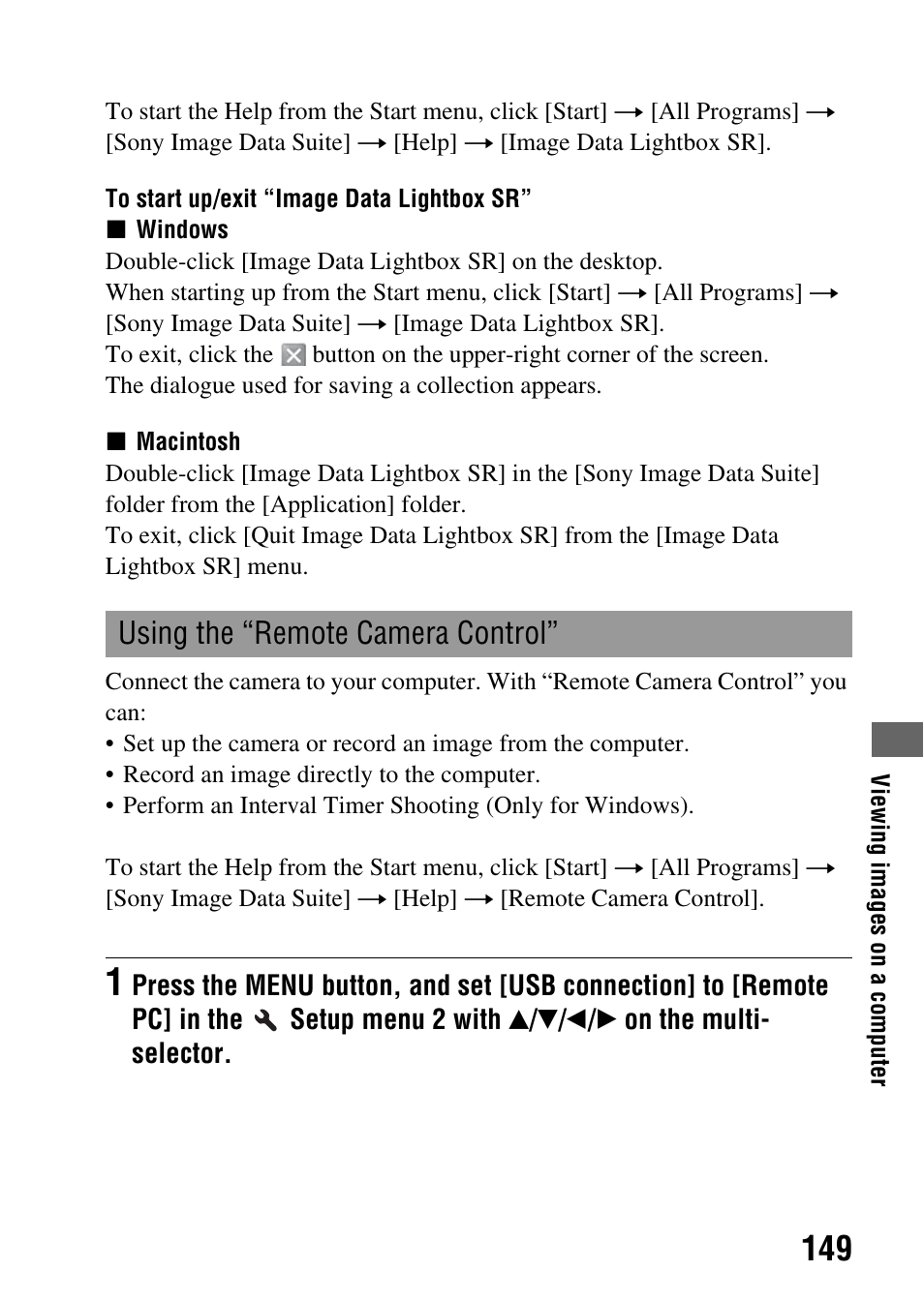 Using the “remote camera control | Sony A900 User Manual | Page 149 / 174
