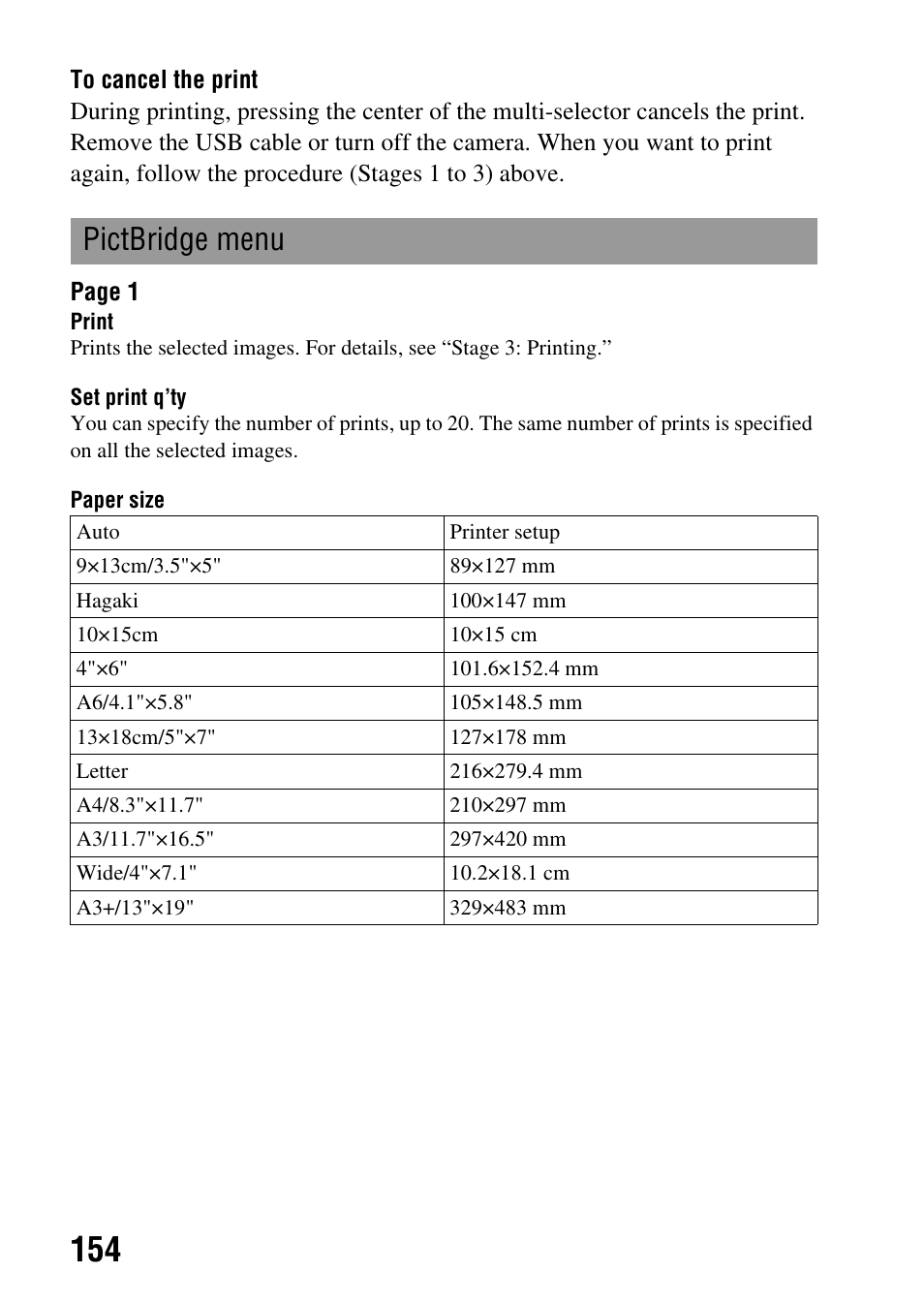 Pictbridge menu | Sony A900 User Manual | Page 154 / 174