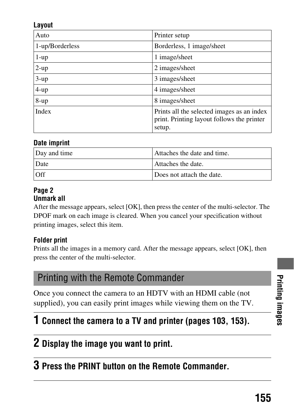 Tton (155), Printing with the remote commander, Display the image you want to print | Press the print button on the remote commander | Sony A900 User Manual | Page 155 / 174