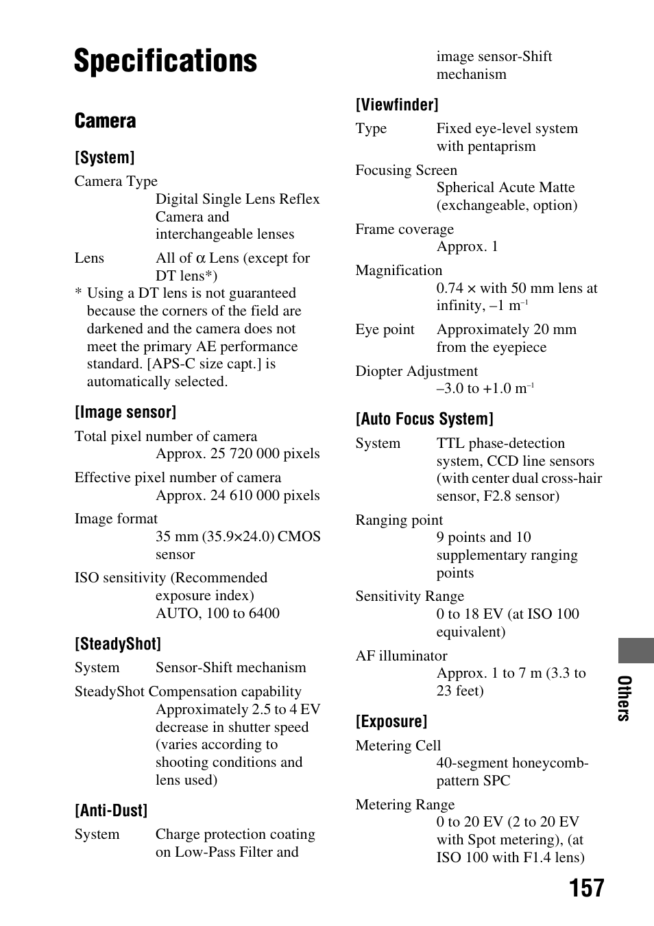 Others, Specifications, Camera | Sony A900 User Manual | Page 157 / 174