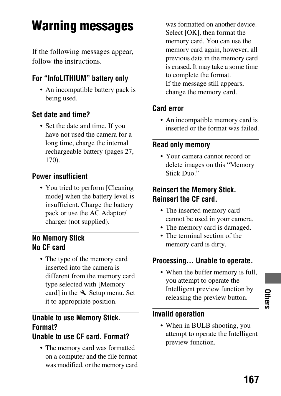 Warning messages | Sony A900 User Manual | Page 167 / 174