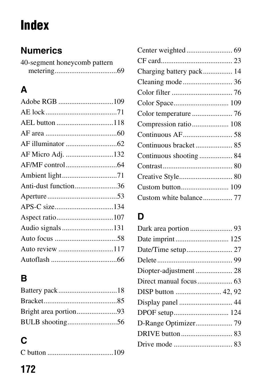 Index, Numerics | Sony A900 User Manual | Page 172 / 174