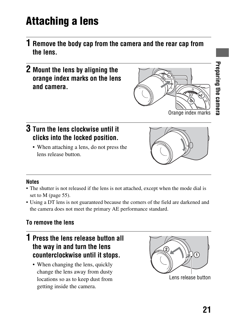 Attaching a lens | Sony A900 User Manual | Page 21 / 174