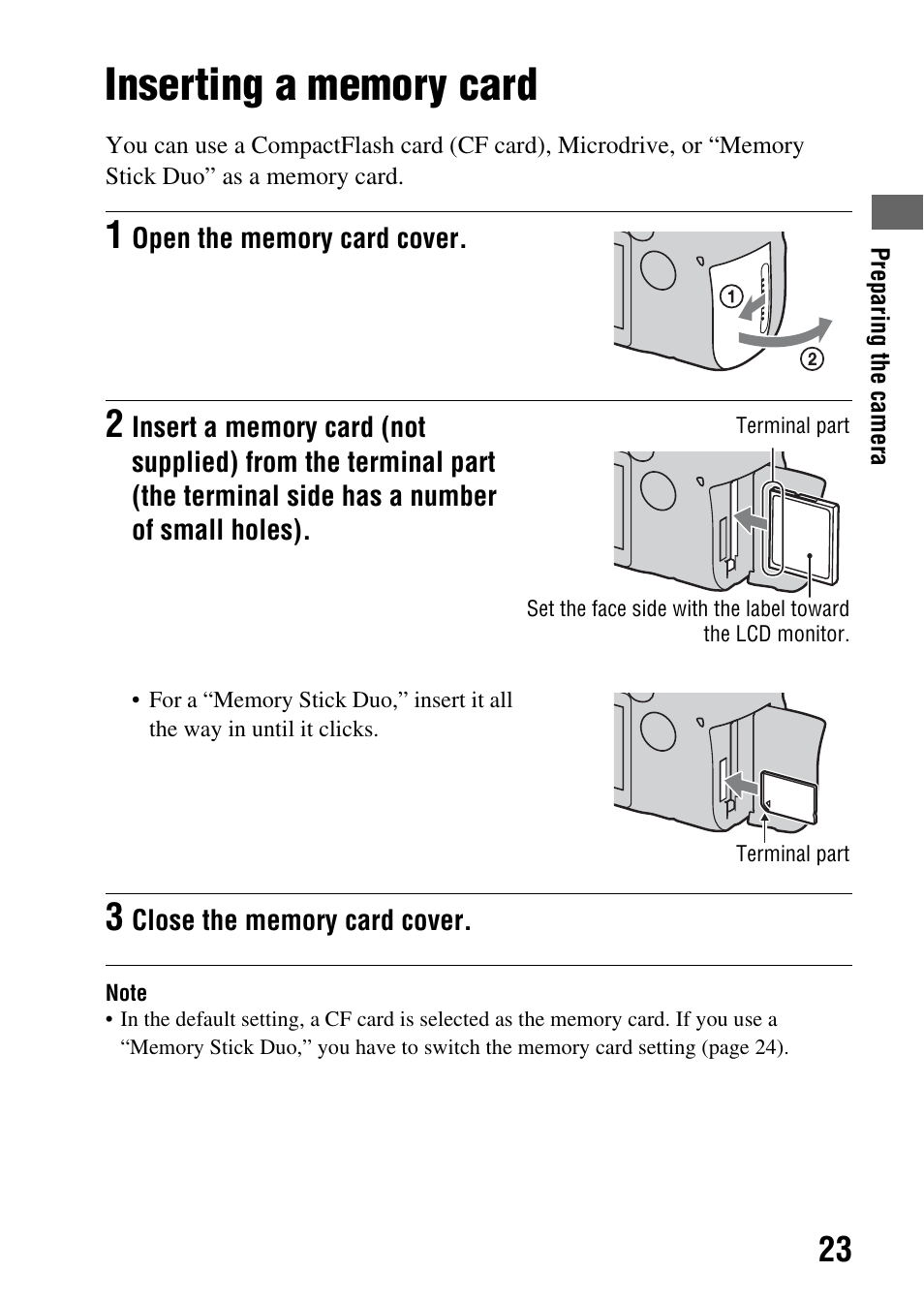 Inserting a memory card | Sony A900 User Manual | Page 23 / 174
