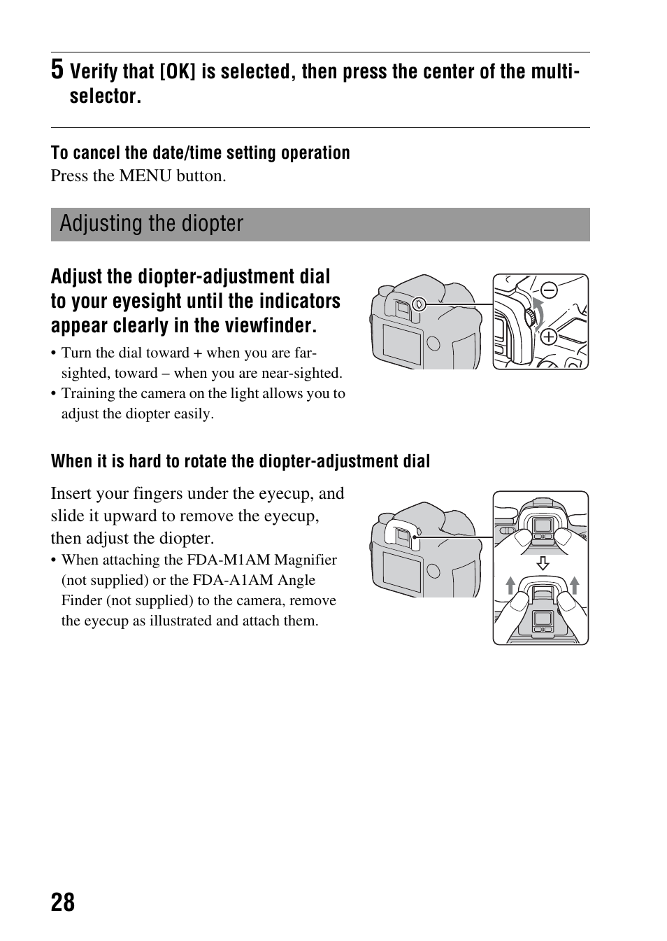 Adjusting the diopter | Sony A900 User Manual | Page 28 / 174