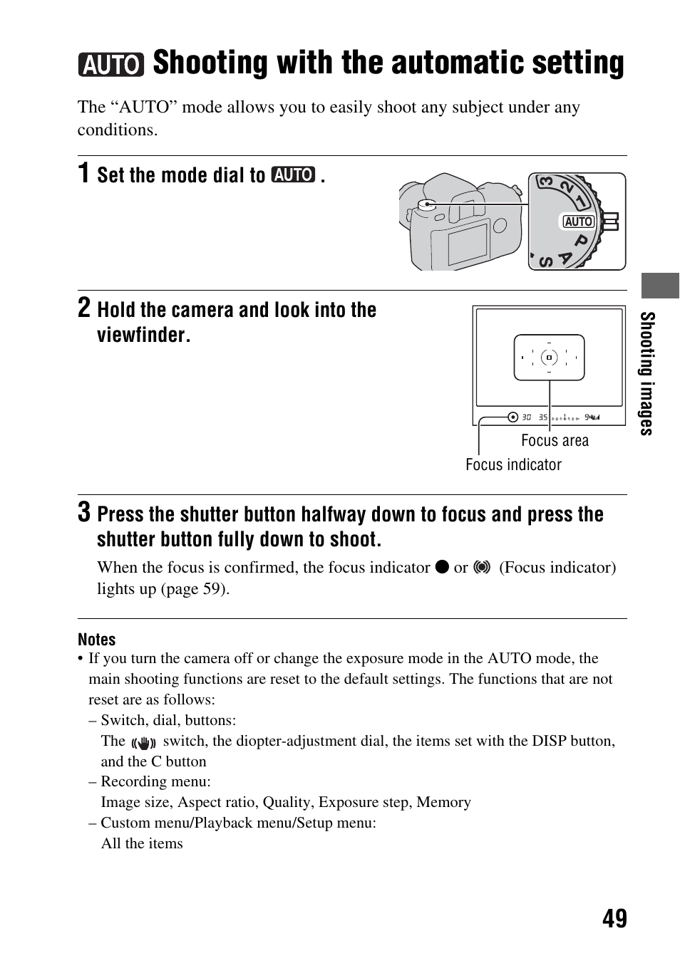 Shooting images, Shooting with the automatic setting, Tton (49) | Ode dial (49 | Sony A900 User Manual | Page 49 / 174