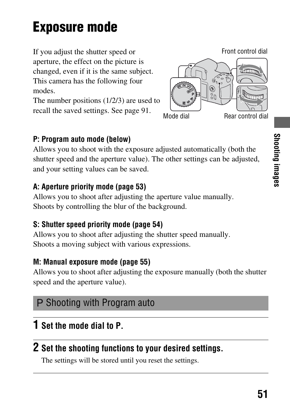 Exposure mode, Shooting with program auto | Sony A900 User Manual | Page 51 / 174