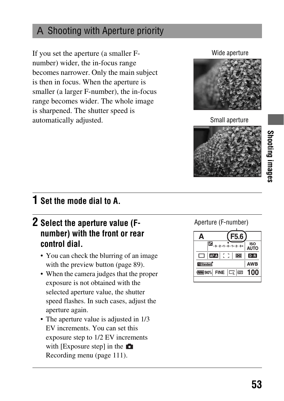 Shooting with aperture priority | Sony A900 User Manual | Page 53 / 174