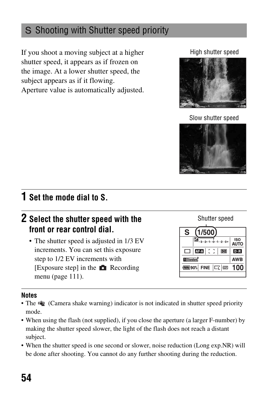 Shooting with shutter speed priority, Ter speed (54), 54)/ape | Sony A900 User Manual | Page 54 / 174