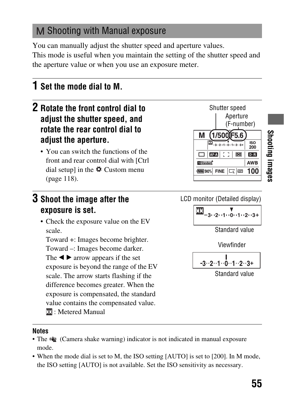 Shooting with manual exposure | Sony A900 User Manual | Page 55 / 174