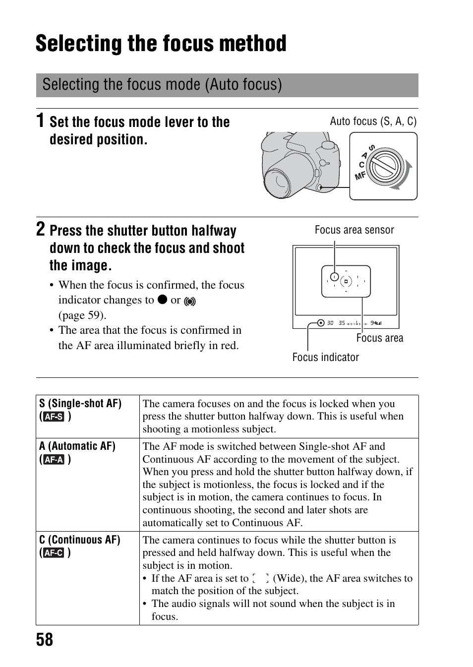 Using the shooting function, Selecting the focus method, Selecting the focus mode (auto focus) | De (58), Set the focus mode lever to the desired position | Sony A900 User Manual | Page 58 / 174