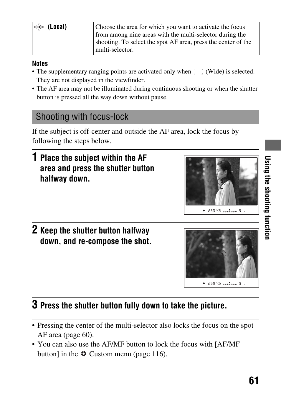 Shooting with focus-lock | Sony A900 User Manual | Page 61 / 174