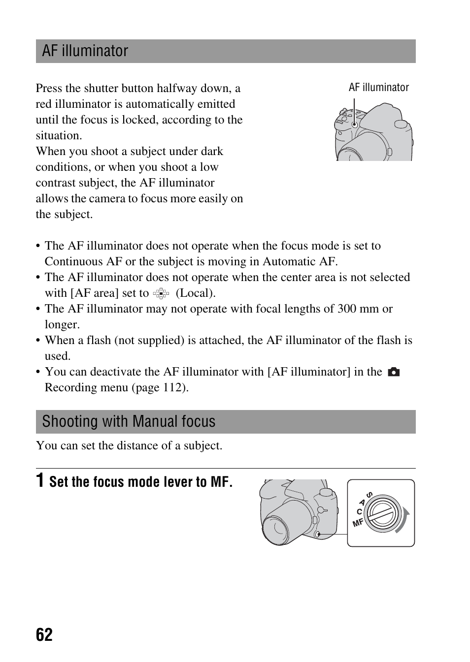 Af illuminator, Shooting with manual focus, Af illuminator shooting with manual focus | 62)/self | Sony A900 User Manual | Page 62 / 174