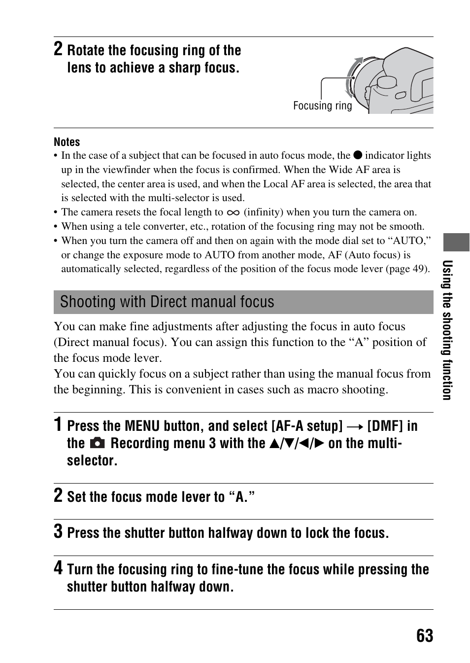 Shooting with direct manual focus | Sony A900 User Manual | Page 63 / 174