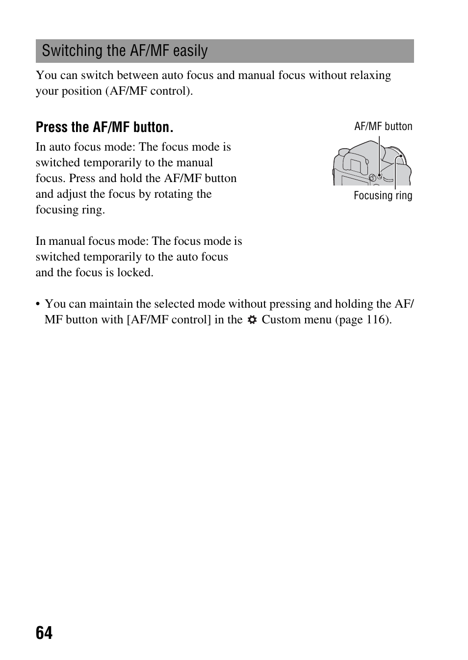 Switching the af/mf easily | Sony A900 User Manual | Page 64 / 174
