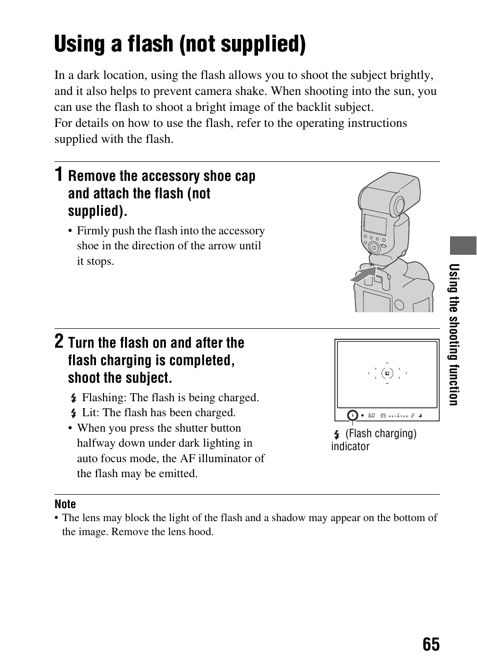 Using a flash (not supplied), De (65), Ng (65) | Sony A900 User Manual | Page 65 / 174